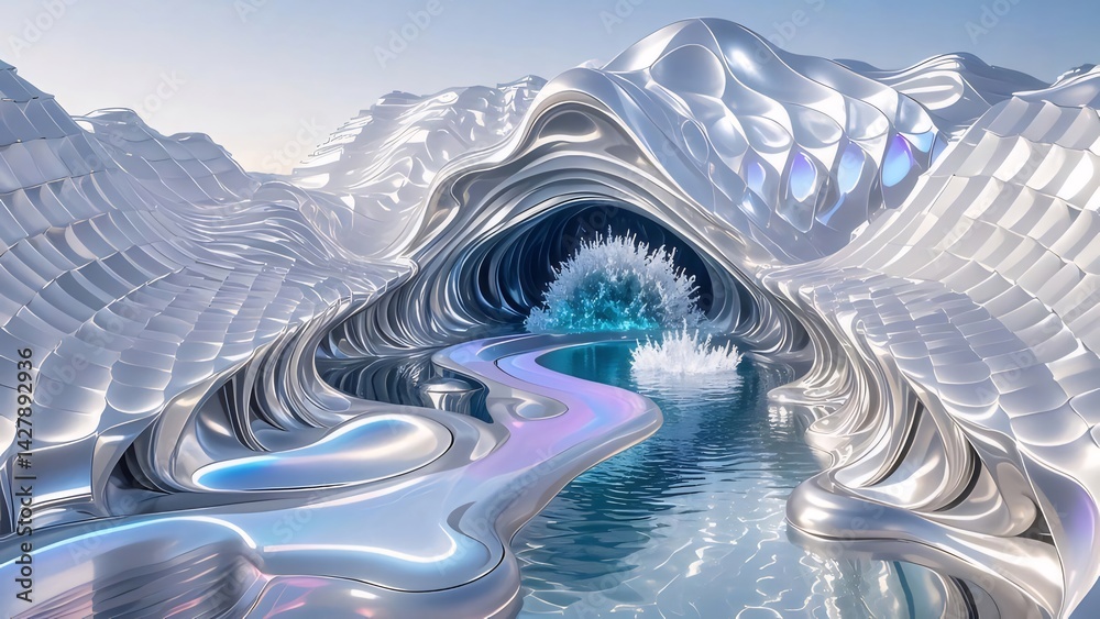 Aufkleber 幻想的な氷山と輝く水面の風景 3dレンダリングによる未来的なデザイン