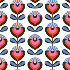 retro style burst flowers in pink red lilac black colors  seamless pattern, vector illustration repeat design