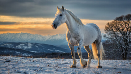 Image of a white horse in the snow