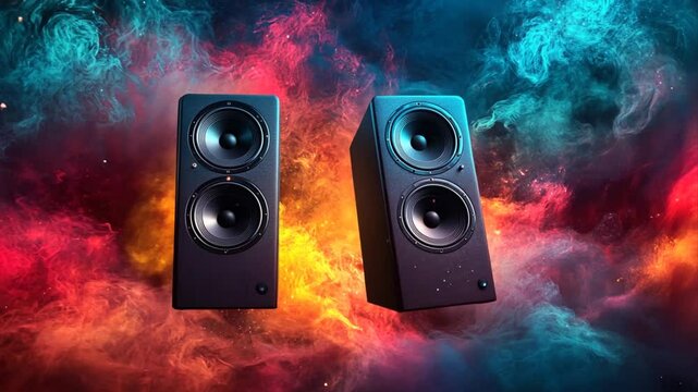 Immerse yourself in sound two speakers vibrate with cosmic energy create an otherworldly audio experience