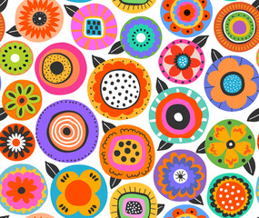 abstract doodle hand drawn colorful rainbow blooms and leaves floral seamless pattern, vector illustration repeat design print