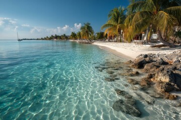 Azure Beach Scene: Crystal Clear Water, White Sand, and Swaying Palm Trees