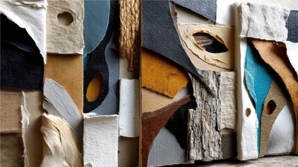 Abstract collage of torn and layered textured paper, cardboard, fabric, and painted surfaces with vibrant colors and rugged elements