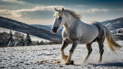 Image of a white horse in the snow
