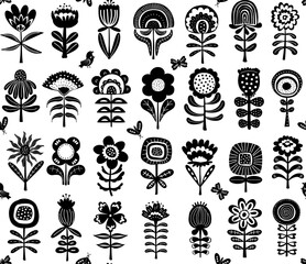 black and white hand drawn scandi nordic folk art style flowers garden seamless pattern, vector illustration repeat design print