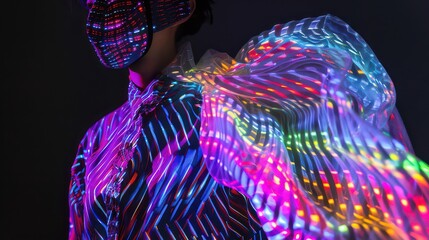 Person wearing a futuristic outfit with glowing lines and a mask in a dark setting creating a unique style