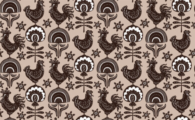 brown and beige rustic farmhouse block print style folk chickens and abstract flowers seamless pattern, vector illustration repeat design