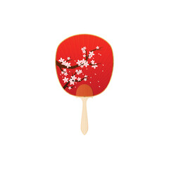Vintage Japanese and Chinese hand fan decorated Sakura flowers flat vector icon, red paper accessory for air cooling