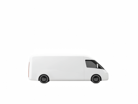 A white delivery van is seen from the side, conveying a sense of transit and logistics. The vehicle's clean design evokes modernity and efficiency. 