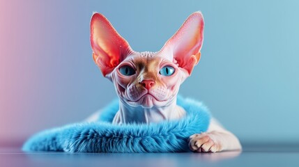 Cat with blue fur is laying on a blue blanket. The cat has a pink nose and blue eyes