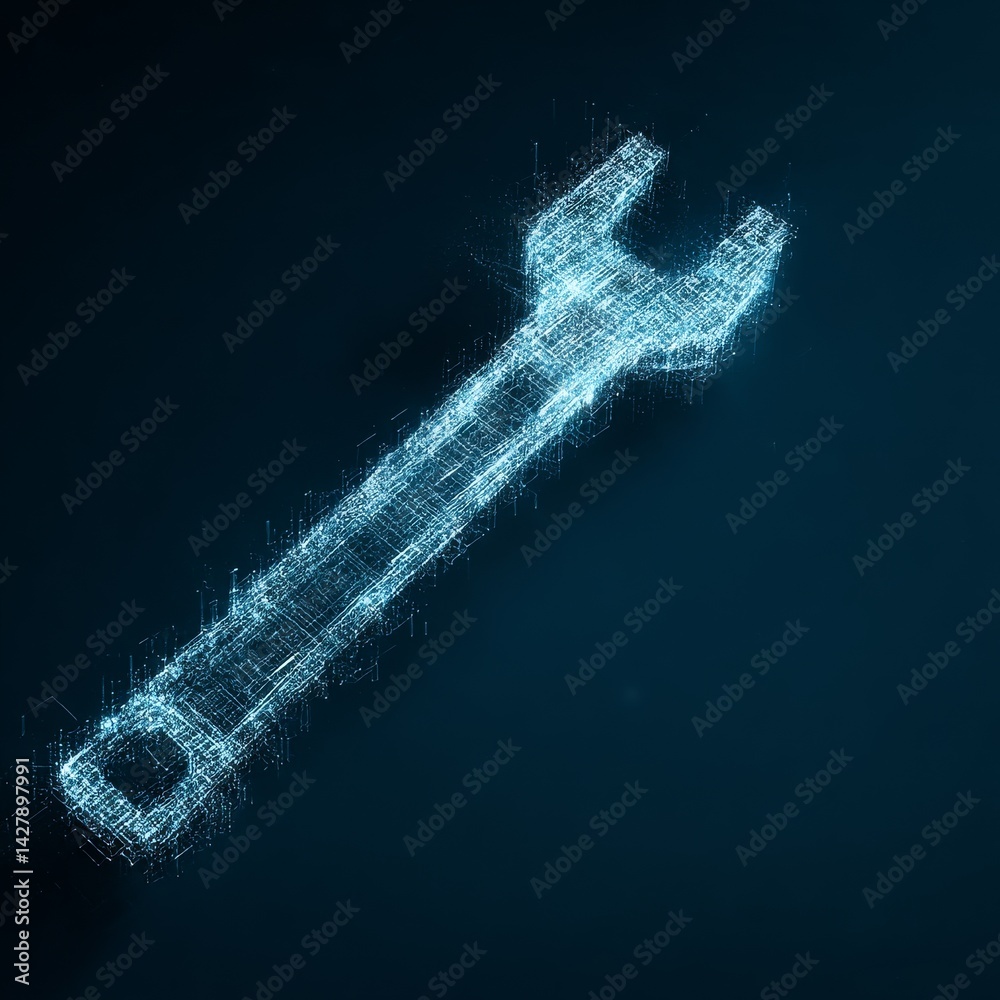 Poster cybernetic wrench: a digital depiction of engineering and technology, illustrating the future of mai