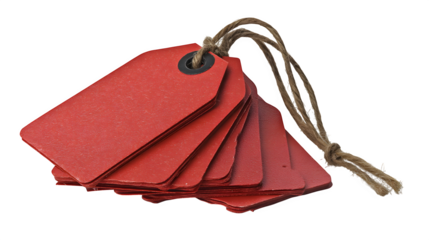 Stack of red sale tags with brown strings, isolated on white background