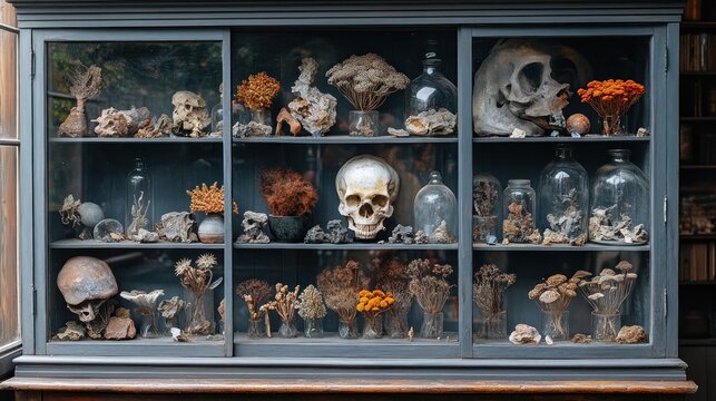 Antique Curio Cabinet Displaying Skulls, Dried Flowers, and Minerals