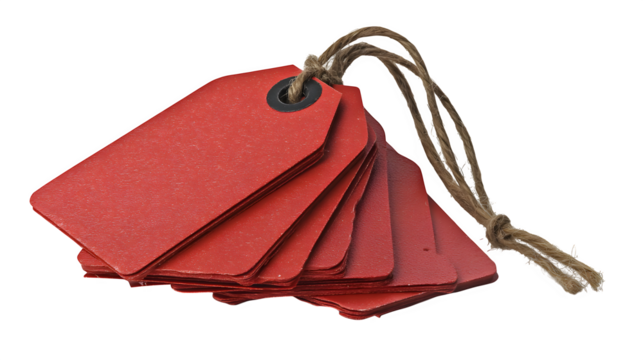 Stack of red sale tags with brown strings, isolated on white background