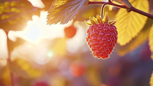 Sunlit raspberries in garden nature background design