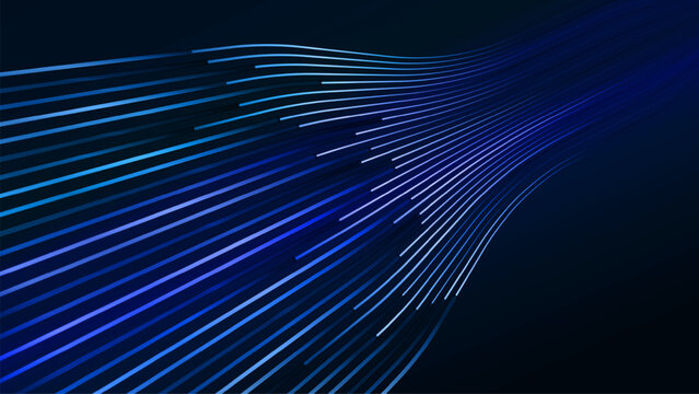 Digital transformation speed concept with futuristic data flow and smart technology visualization. Tech and science vector illustration. Glowing blue gradient lines on dark background. 