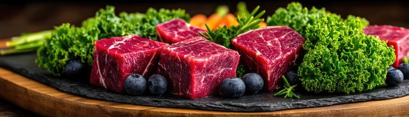 Panorama of fresh pet food in uncooked beef ingredients concept. Fresh cuts of meat garnished with vibrant greens and berries.