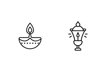 Diwali Celebration Traditional Lamp And Lantern Line Icons Indian Festival Symbols