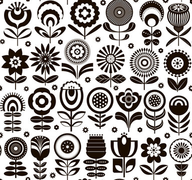 Fototapeta mcm mid century modern retro block print style geometric flowers blooms garden seamless pattern, vector illustration repeat design
