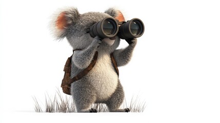 Fototapeta premium Koala with Binoculars Watching Birds Isolated on White