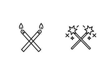 Outline Illustration Of Crossed Matches And Magic Wands On White Background