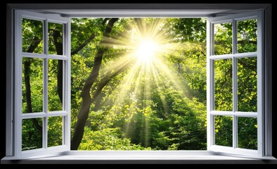 Naklejka premium Sunlight streams through a window into a lush forest