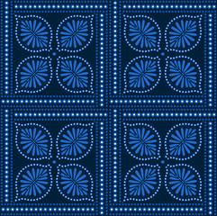 mediterranean ornate floral botanical checkers tiles in blue and dark navy, vector illustration repeat design