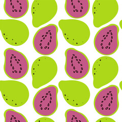 Cute summer seamless pattern with exotic fruits, fresh sliced . Hand drawn citrus fabric print wallpaper texture, juicy tropical fruit background patterns vector . Hand drawn illustration .