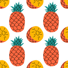Cute summer seamless pattern with exotic fruits, fresh sliced . Hand drawn citrus fabric print wallpaper texture, juicy tropical fruit background patterns vector . Hand drawn illustration .