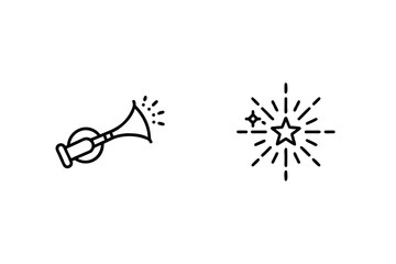 Celebration Icons Featuring Horn And Star Burst Designs In Line Art Style