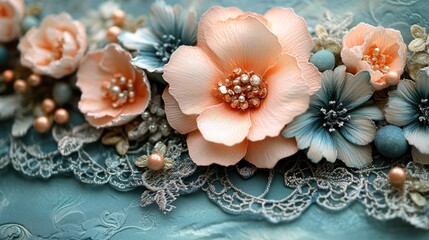 Elegant Floral Arrangement: Peach and Teal Blooms on Lace