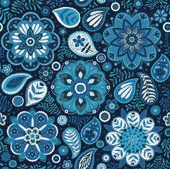 shades of blue ornamental floral botanical boteh paisley seamless pattern, vector illustration  repeat design print