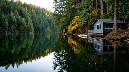 Fototapeta premium Serene Lakeside Cabin in the Forest with Reflection on Calm Water and Small Boats