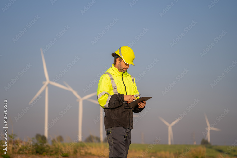 Poster engineer man working at windmill farm generating electricity clean energy. wind turbine farm generat