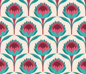 floral pattern with art deco retro mid century style australian protea seamless pattern in pink aqua on cream, vector illustration repeat design