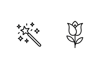Magic Wand And Flower Outline Icons Minimalist Symbols Set Design Elements