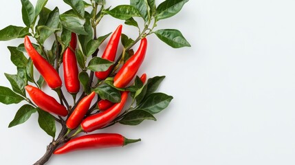 Bunch of red peppers are hanging from a branch. The peppers are small and red, and they are surrounded by green leaves. Concept of freshness and natural beauty