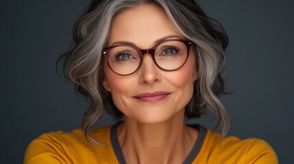 Woman with glasses and a yellow shirt. She is smiling and looking at the camera. Concept of warmth and friendliness