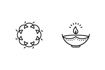 Diwali Celebration Icons With Diya Lamp And Floral Garland Design Outline
