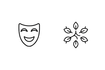 Theater Mask And Leaves Minimalist Line Art Design Vector Illustration