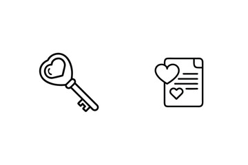 Heart Key And Love Letter Outline Icons Romance Valentines Day Concept