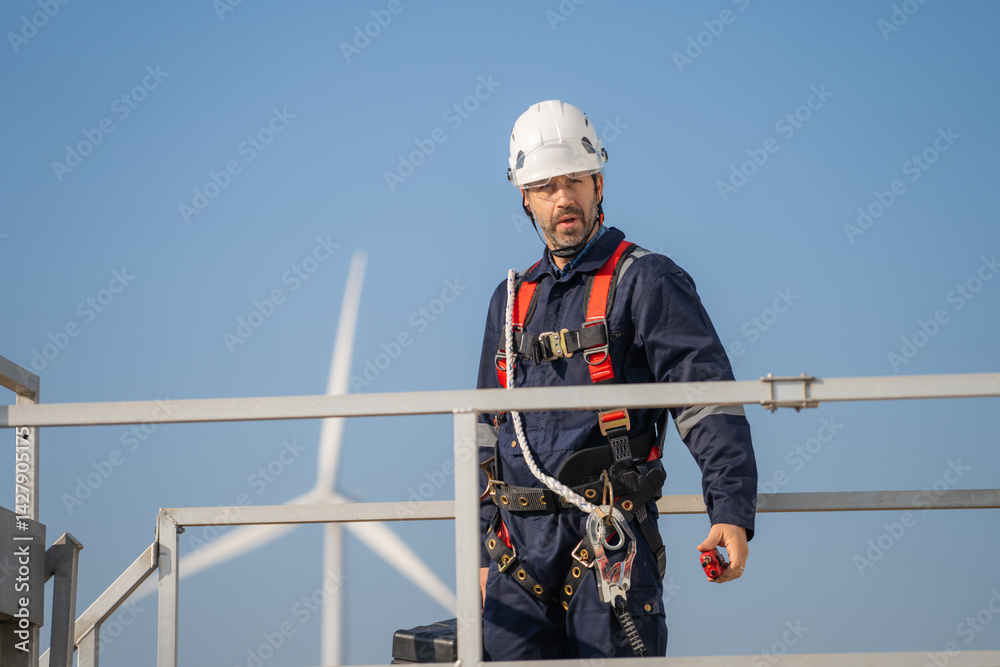 Poster engineer man working at windmill farm generating electricity clean energy. wind turbine farm generat
