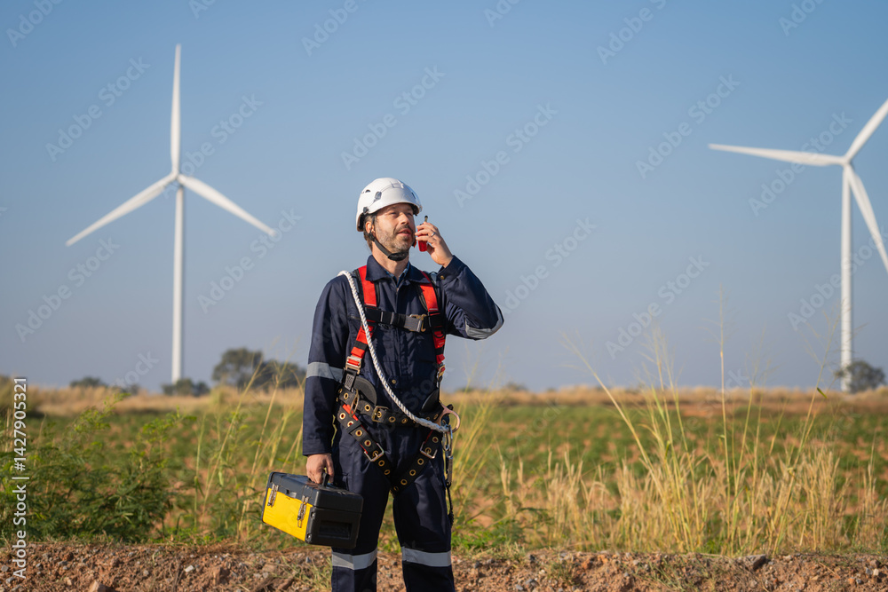 Aufkleber engineer man working at windmill farm generating electricity clean energy. wind turbine farm generat
