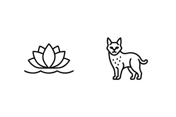 Simple Black And White Line Art Featuring Lotus Flower And Feline Silhouette