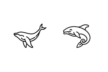Two Playful Dolphins Swimming In Ocean Line Art Style Illustration