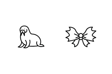 Cute Walrus And Decorative Bow In Outlined Design Minimalist Style