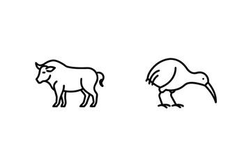 Line Art Illustration Of A Bull And A Kiwi Bird Isolated On White