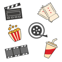 A set of cinema icons, film reel, ticket, pop corn, soda drink with straw isolated on white background.