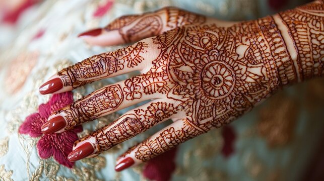 Close-up of a woman's hand adorned with intricate henna tattoo, showcasing detailed patterns and red nail polish against a textured fabric background. - Powered by Adobe