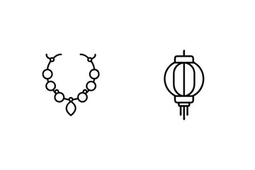 Elegant Necklace And Traditional Chinese Lanterns Line Art Vector Illustration